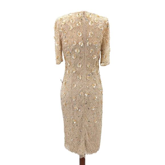 ADRIANNA PAPELL SZ 2 beige 3d floral beaded knee length nwt $249  b118 *flaw - Picture 3 of 11